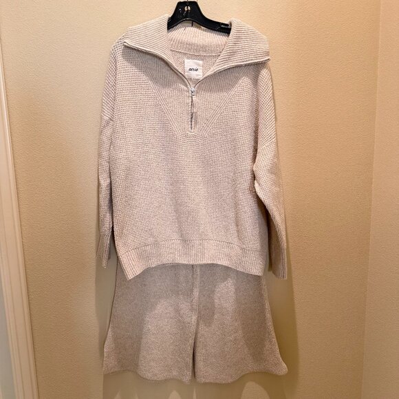 Aerie Oatmeal Quarter Zip Waffle Knit Sweater(M) and Wide Leg Pant(S) Set - Picture 1 of 10